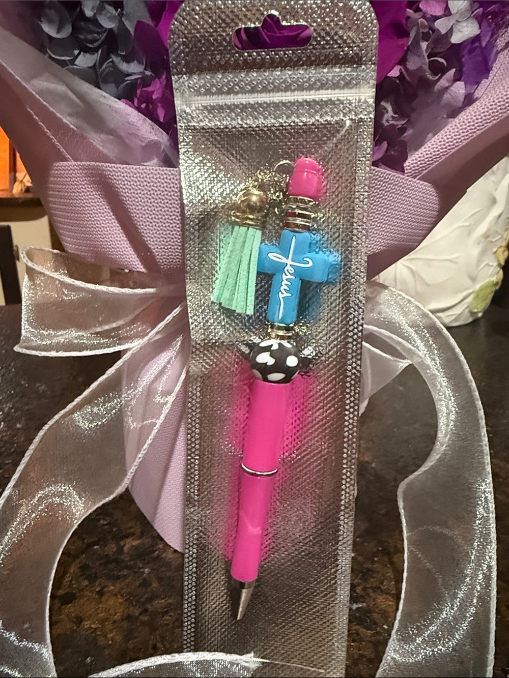 Pink Cross Charm Pen with Tassel Keychain - Kids Accessories
